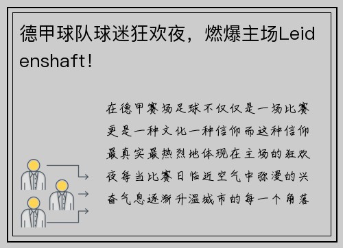 德甲球队球迷狂欢夜，燃爆主场Leidenshaft！